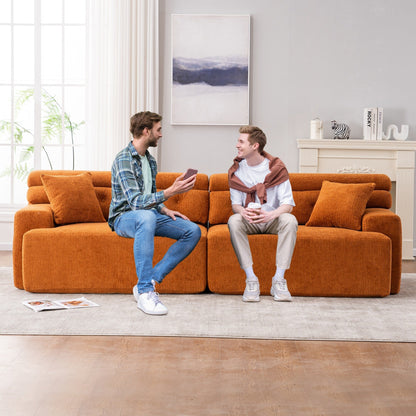 Modern Wood Grain Chenille 4-Seater Modular Sectional Sofa with 2 Pillows for Living Room Apartment