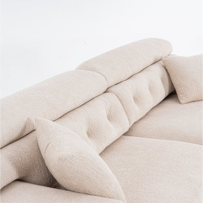 Modern Wood Grain Chenille 4-Seater Modular Sectional Sofa with 2 Pillows for Living Room Apartment