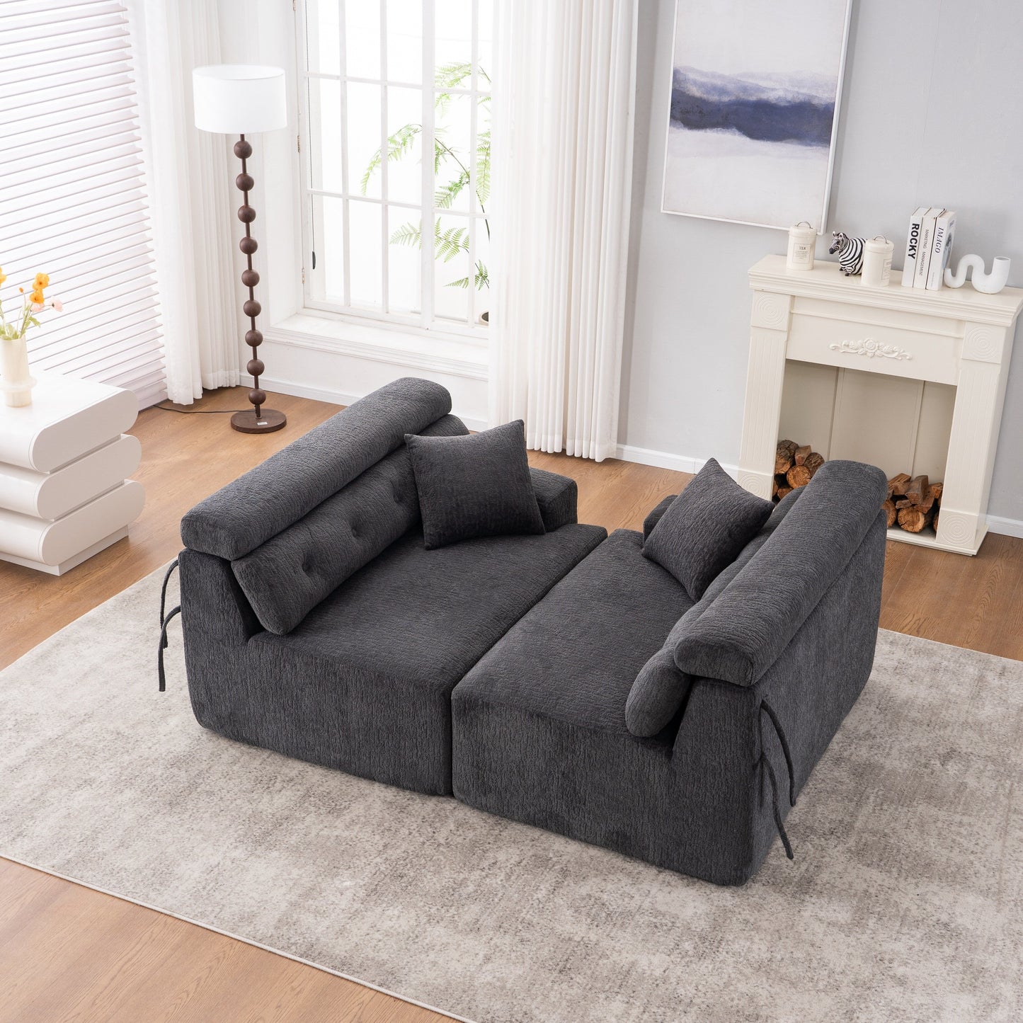 Modern Wood Grain Chenille 4-Seater Modular Sectional Sofa with 2 Pillows for Living Room Apartment