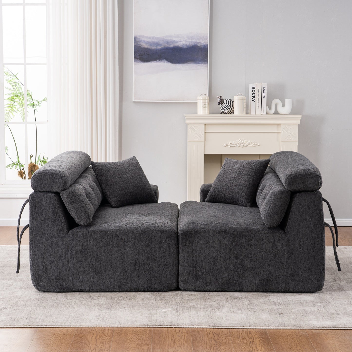Modern Wood Grain Chenille 4-Seater Modular Sectional Sofa with 2 Pillows for Living Room Apartment