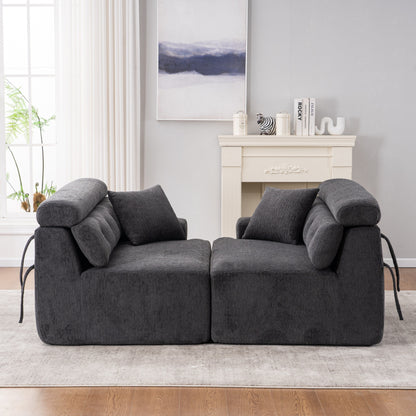 Modern Wood Grain Chenille 4-Seater Modular Sectional Sofa with 2 Pillows for Living Room Apartment