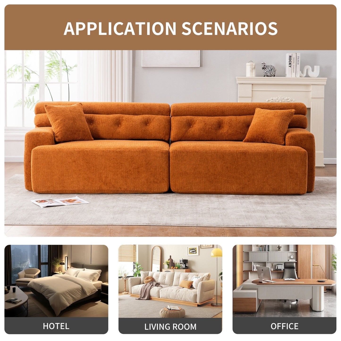 Modern Wood Grain Chenille 4-Seater Modular Sectional Sofa with 2 Pillows for Living Room Apartment