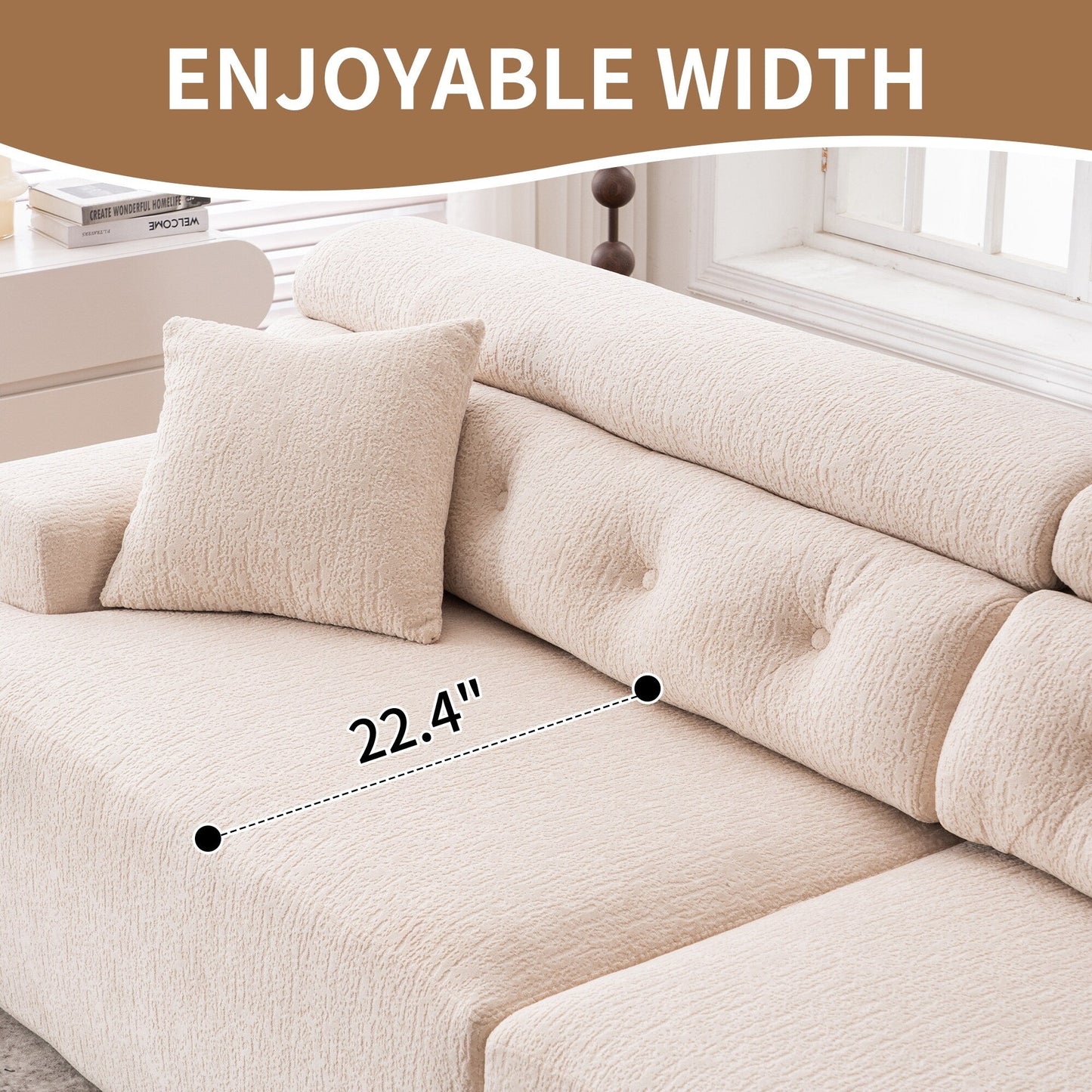 Modern Wood Grain Chenille 4-Seater Modular Sectional Sofa with 2 Pillows for Living Room Apartment