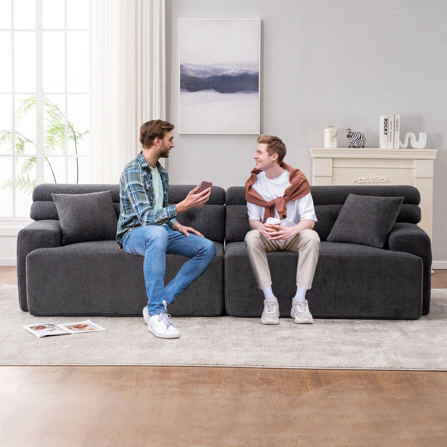 Modern Wood Grain Chenille 4-Seater Modular Sectional Sofa with 2 Pillows for Living Room Apartment