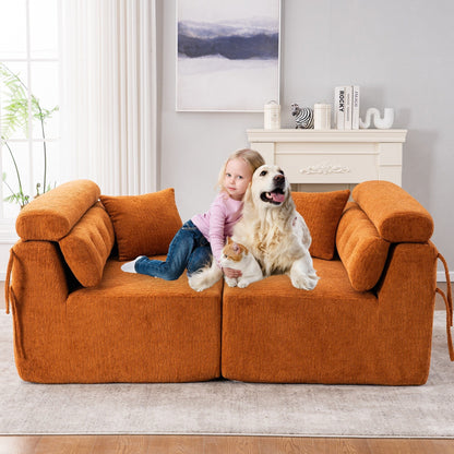 Modern Wood Grain Chenille 4-Seater Modular Sectional Sofa with 2 Pillows for Living Room Apartment