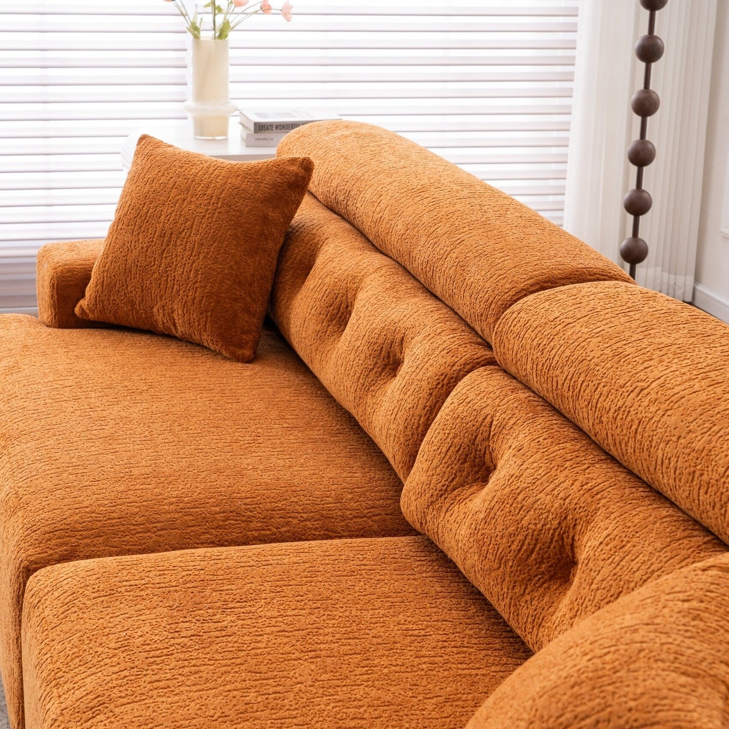 Modern Wood Grain Chenille 4-Seater Modular Sectional Sofa with 2 Pillows for Living Room Apartment