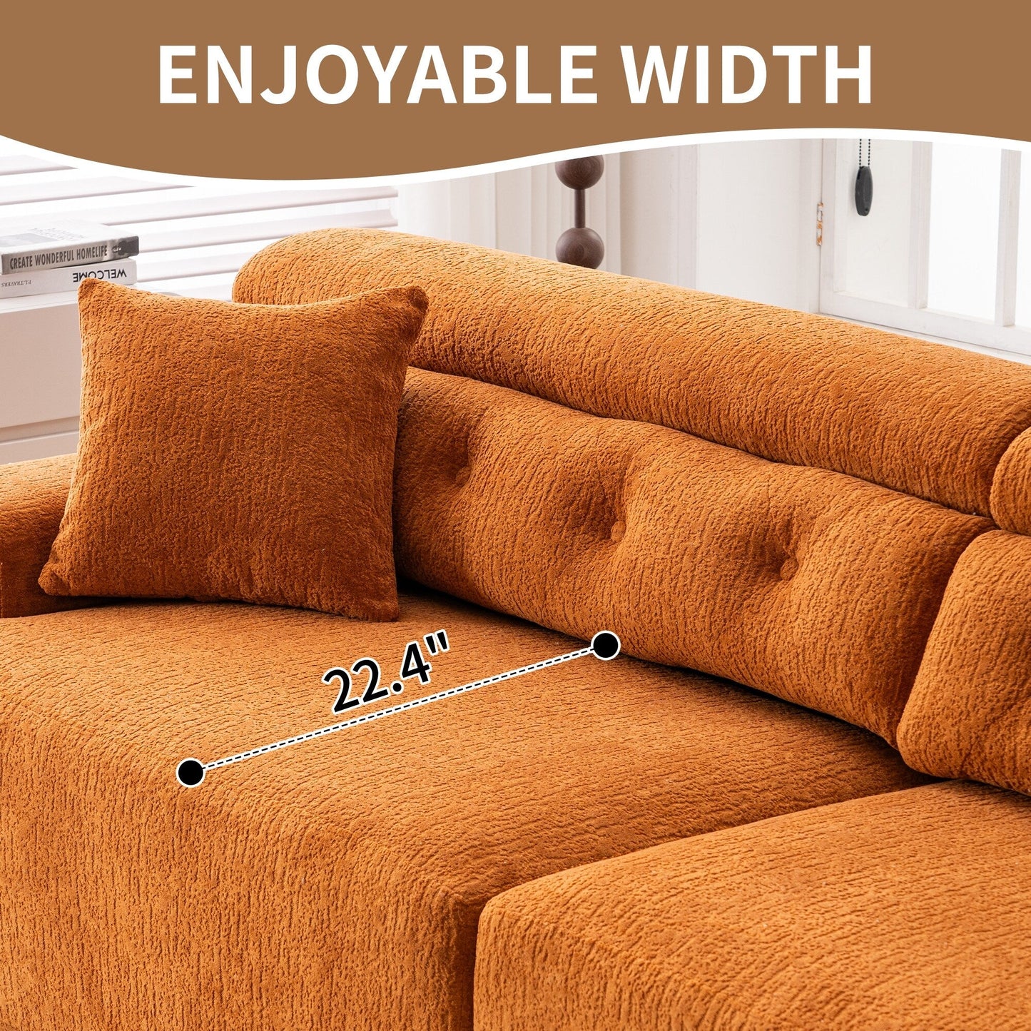 Modern Wood Grain Chenille 4-Seater Modular Sectional Sofa with 2 Pillows for Living Room Apartment