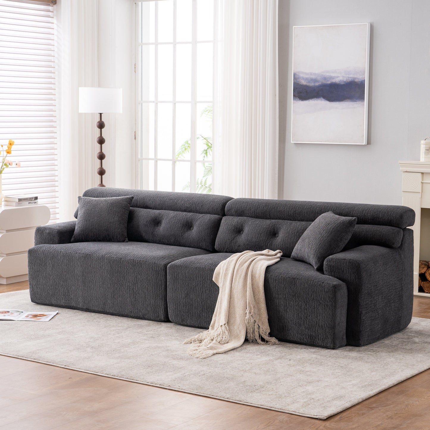 Modern Wood Grain Chenille 4-Seater Modular Sectional Sofa with 2 Pillows for Living Room Apartment