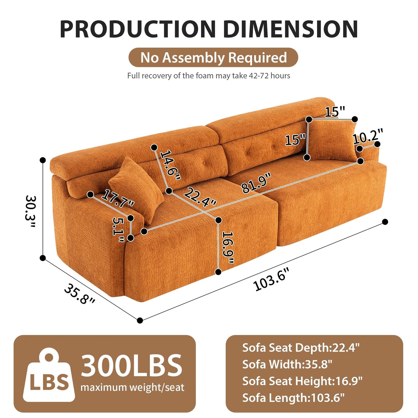Modern Wood Grain Chenille 4-Seater Modular Sectional Sofa with 2 Pillows for Living Room Apartment