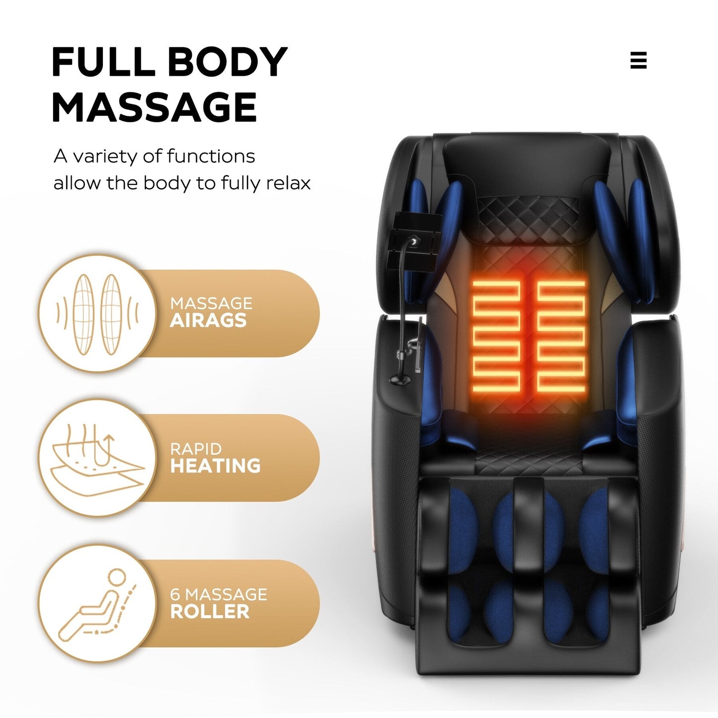 Modern Zero Gravity Full Body Massage Chair PU Leather Armchair with Heating, Airbag Therapy and Bluetooth, Adjustable Footrest