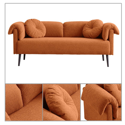 Modern minimalist sofa with pillows and pillowed armrests, metal legs