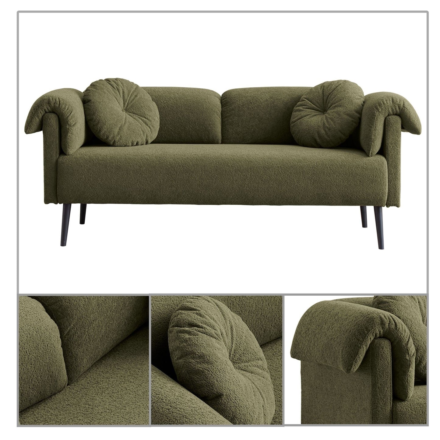 Modern minimalist sofa with pillows and pillowed armrests, metal legs