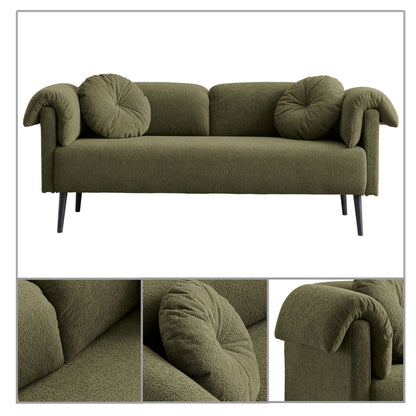 Modern minimalist sofa with pillows and pillowed armrests, metal legs