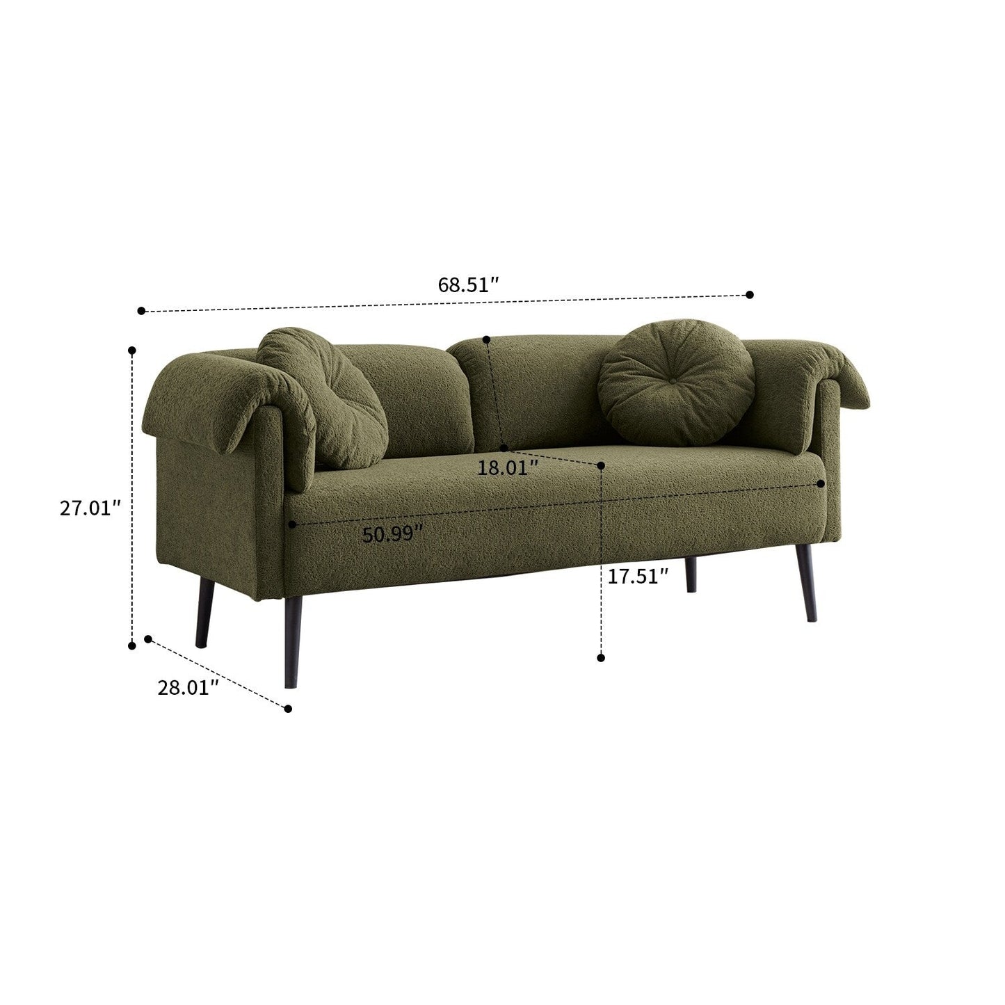 Modern minimalist sofa with pillows and pillowed armrests, metal legs