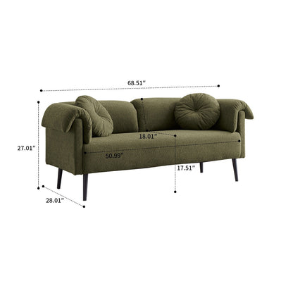 Modern minimalist sofa with pillows and pillowed armrests, metal legs
