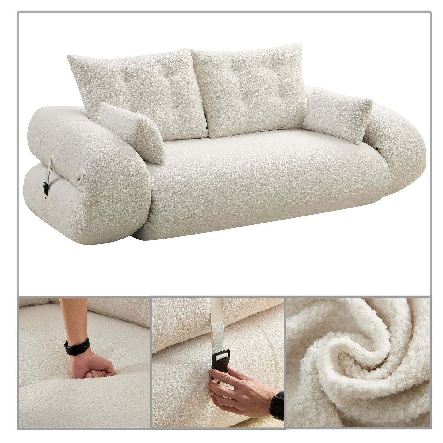 Modern style convenient frame-less convertible sofa bed with cushions and lumbar pillows, high resilience foam padding
