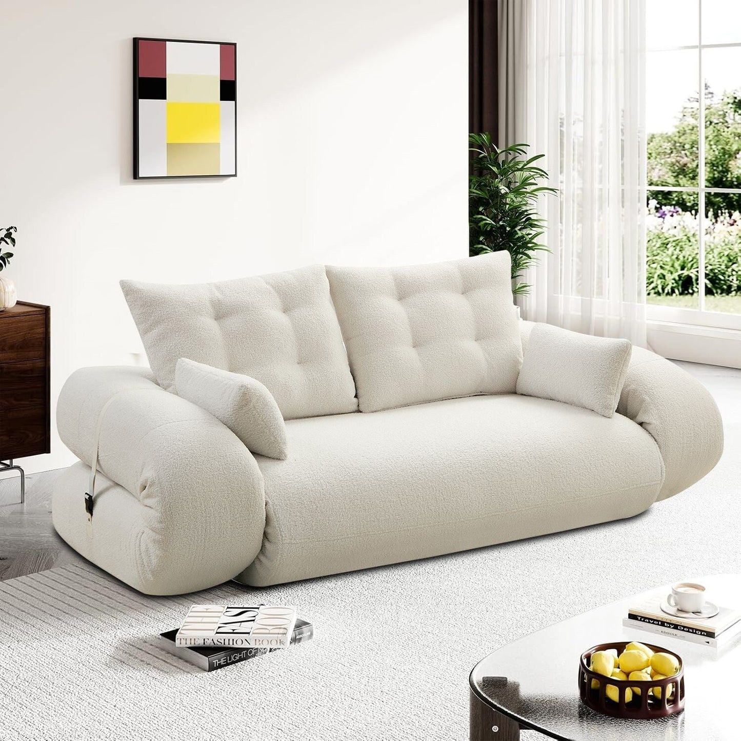 Modern style convenient frame-less convertible sofa bed with cushions and lumbar pillows, high resilience foam padding