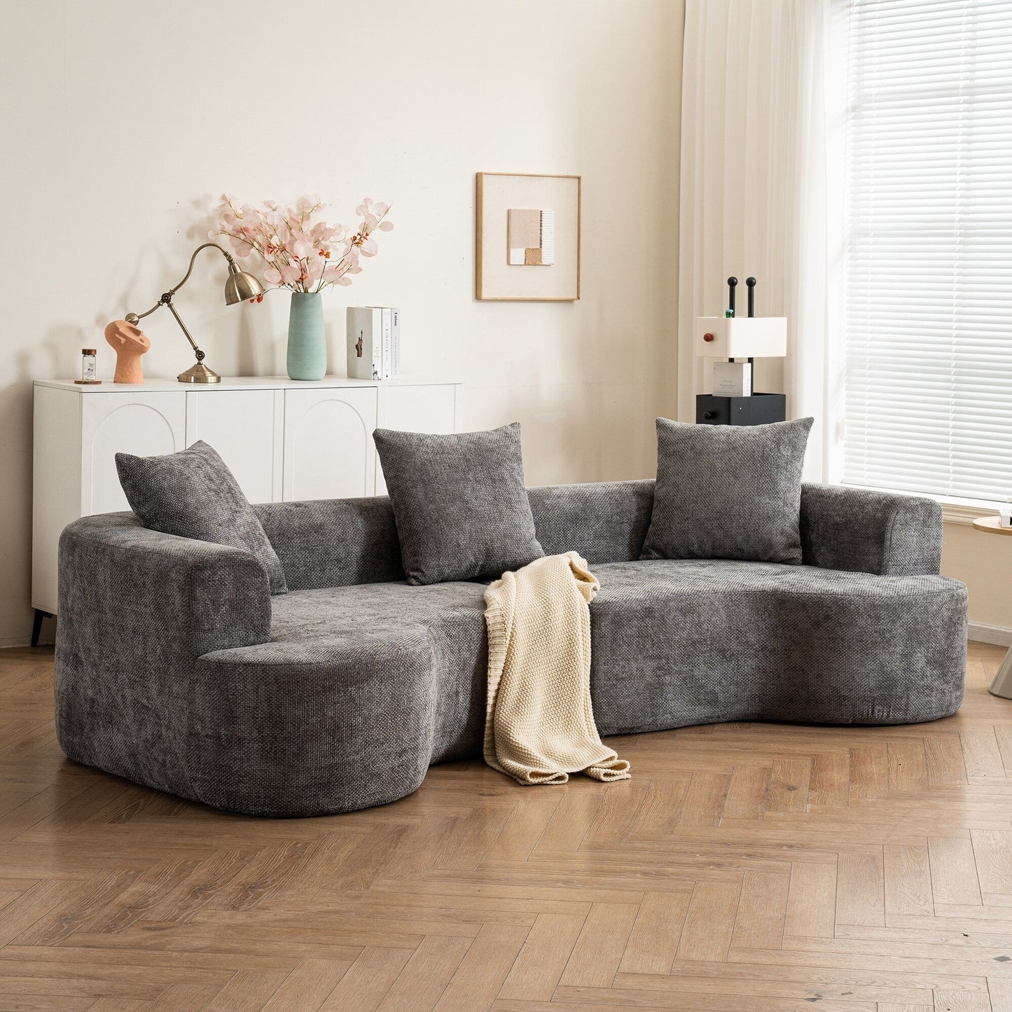 Modern style curved sofa, soft cushioned corduroy sofa with 3 pillows, living room super smooth curved fabric sofa Gray