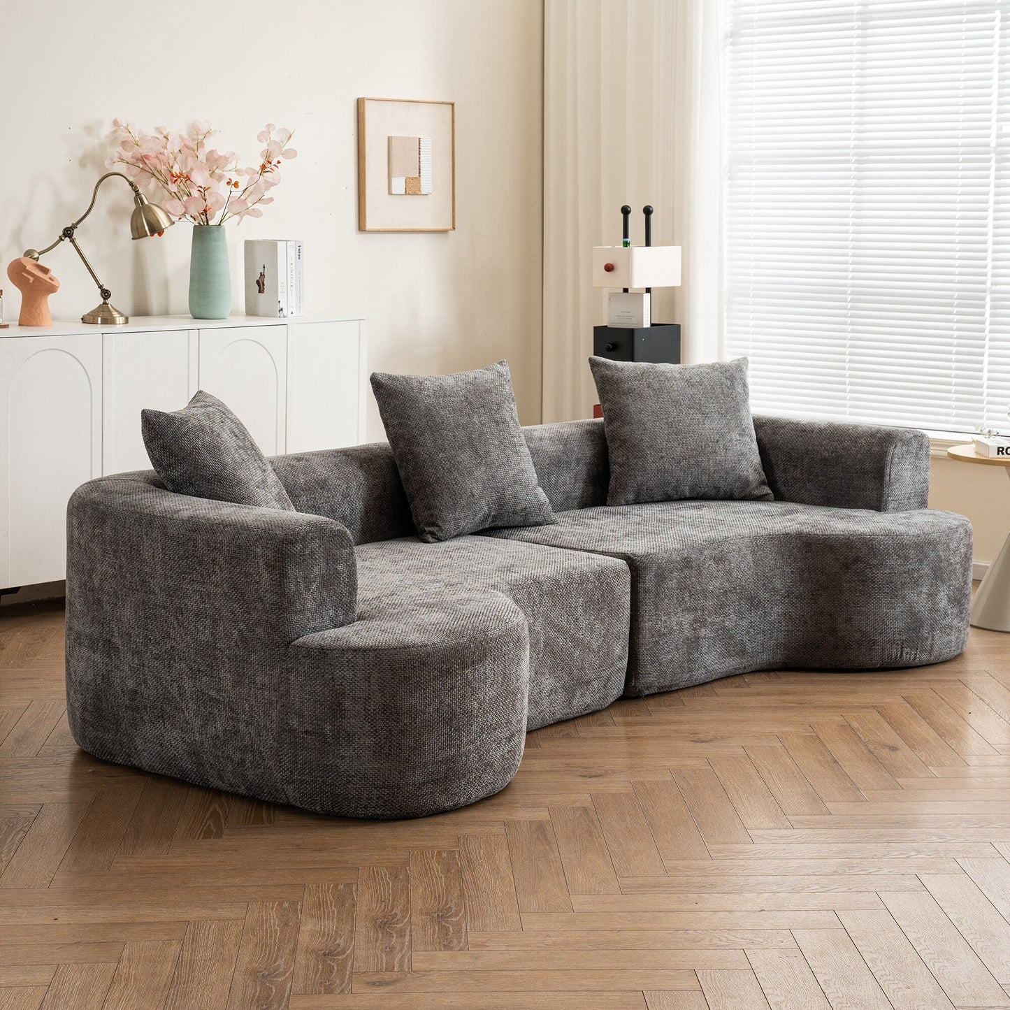 Modern style curved sofa, soft cushioned corduroy sofa with 3 pillows, living room super smooth curved fabric sofa Gray