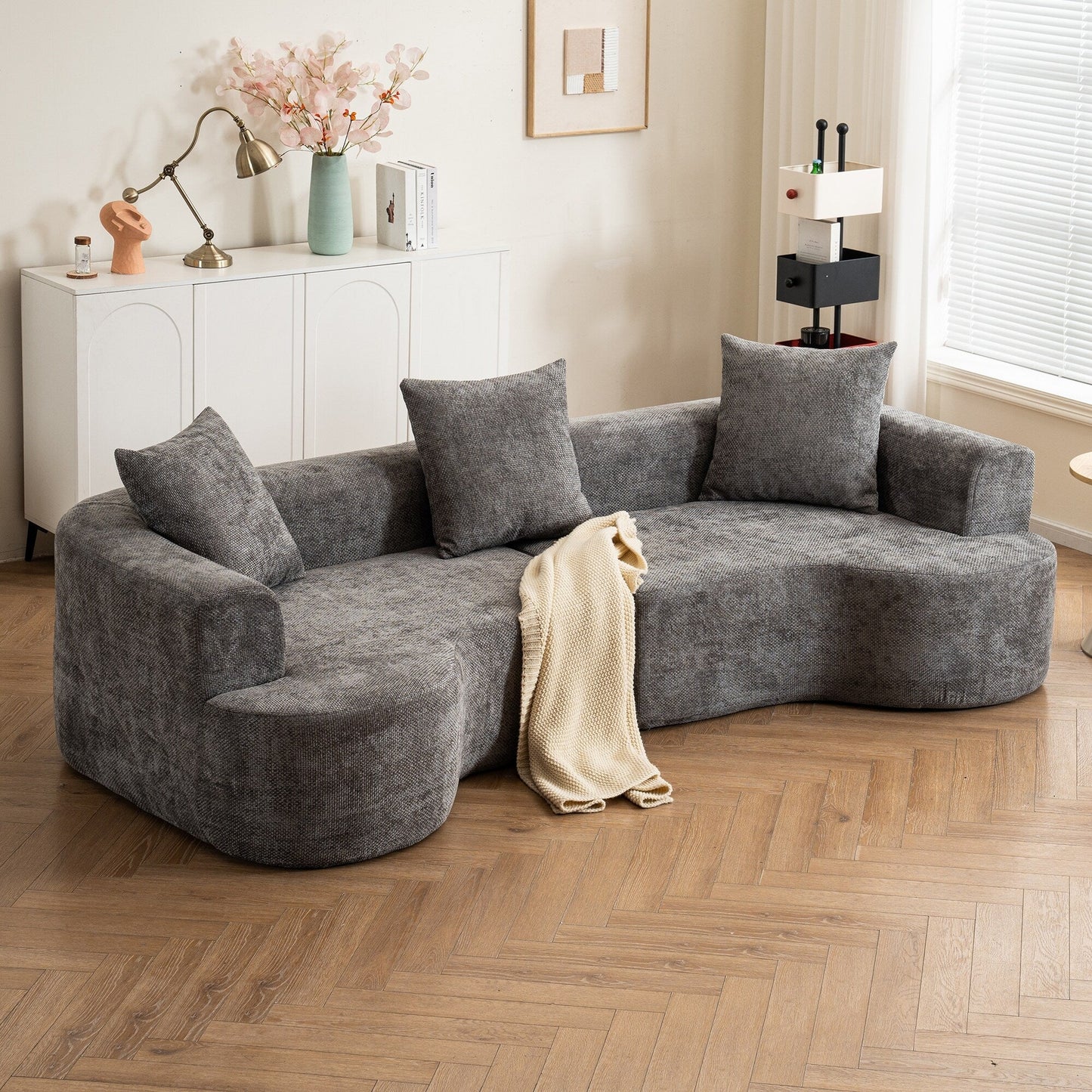 Modern style curved sofa, soft cushioned corduroy sofa with 3 pillows, living room super smooth curved fabric sofa Gray