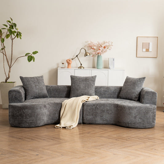 Modern style curved sofa, soft cushioned corduroy sofa with 3 pillows, living room super smooth curved fabric sofa Gray