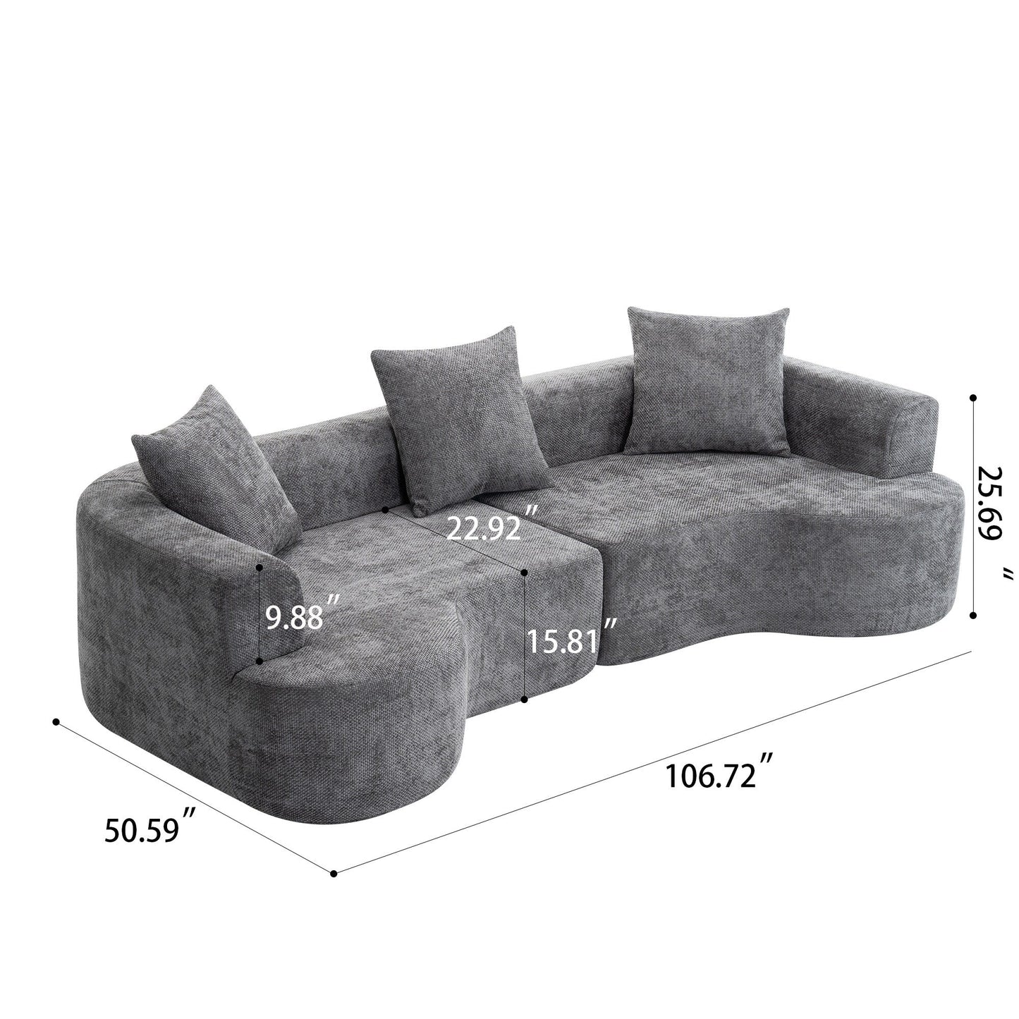 Modern style curved sofa, soft cushioned corduroy sofa with 3 pillows, living room super smooth curved fabric sofa Gray