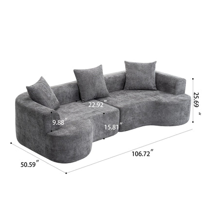 Modern style curved sofa, soft cushioned corduroy sofa with 3 pillows, living room super smooth curved fabric sofa Gray