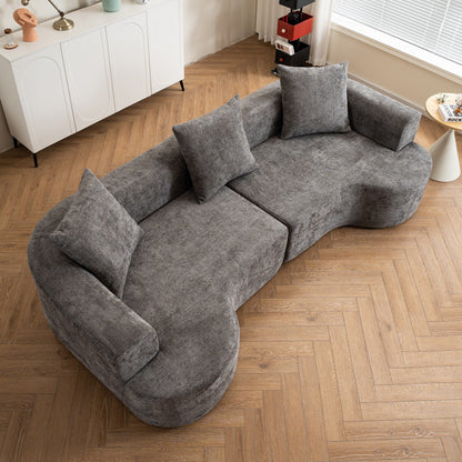 Modern style curved sofa, soft cushioned corduroy sofa with 3 pillows, living room super smooth curved fabric sofa Gray