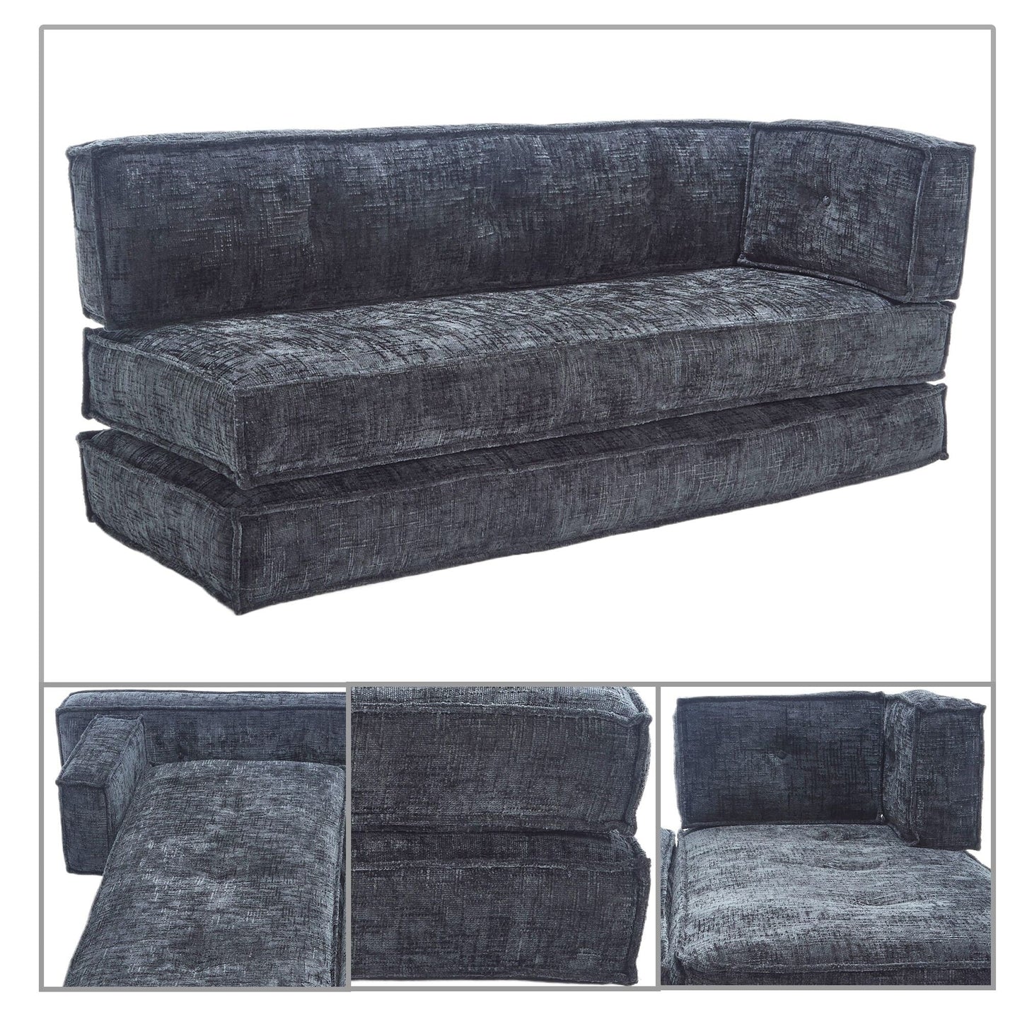 Modern style frameless sofa with storage side pockets and high resilience foam padding, chenille fabric
