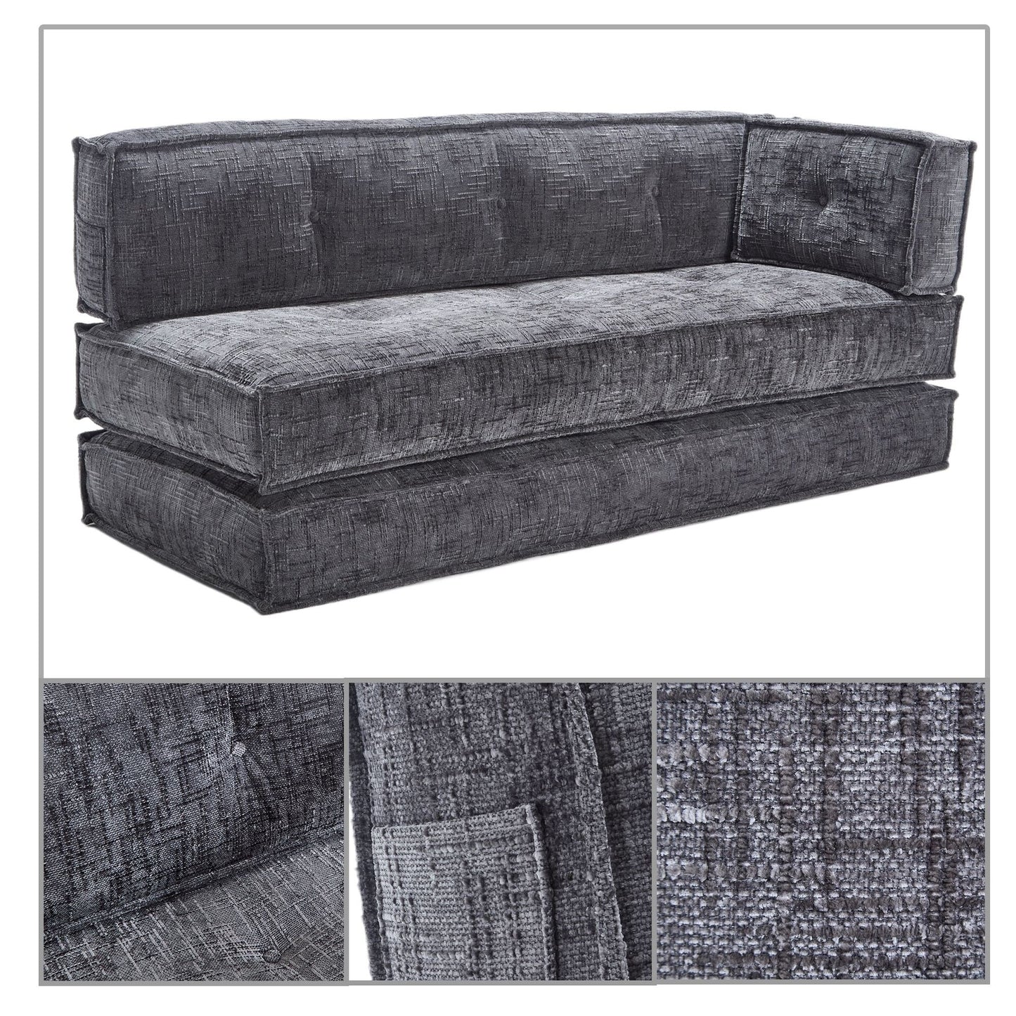 Modern style frameless sofa with storage side pockets and high resilience foam padding, chenille fabric