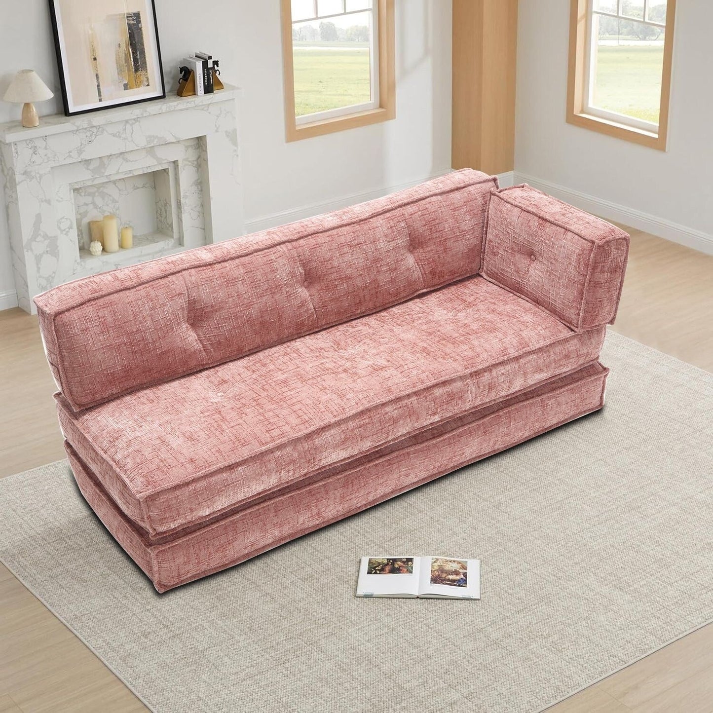 Modern style frameless sofa with storage side pockets and high resilience foam padding, chenille fabric