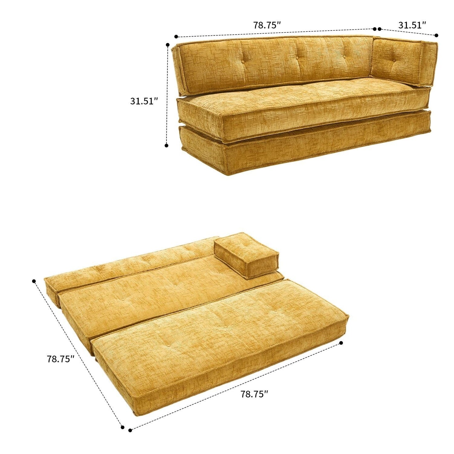 Modern style frameless sofa with storage side pockets and high resilience foam padding, chenille fabric
