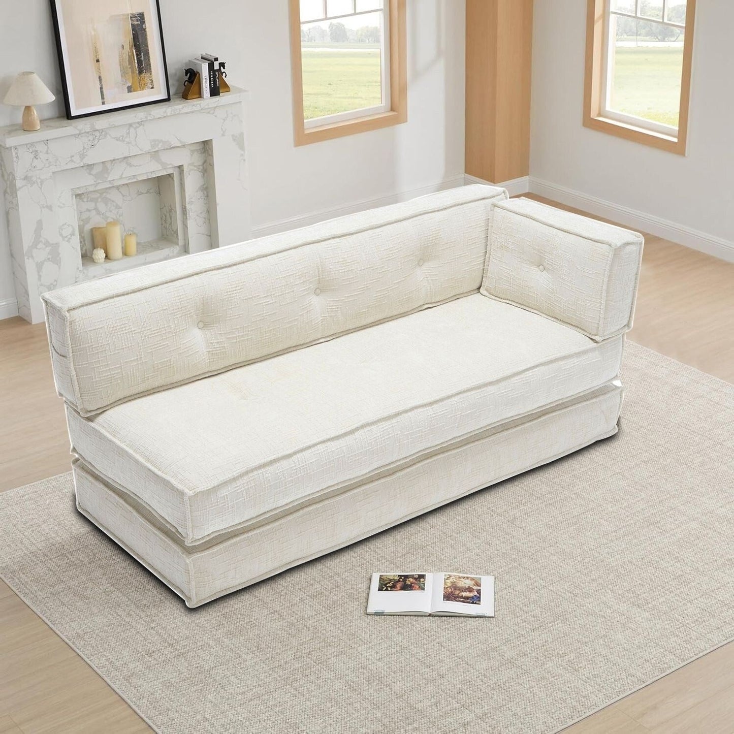 Modern style frameless sofa with storage side pockets and high resilience foam padding, chenille fabric