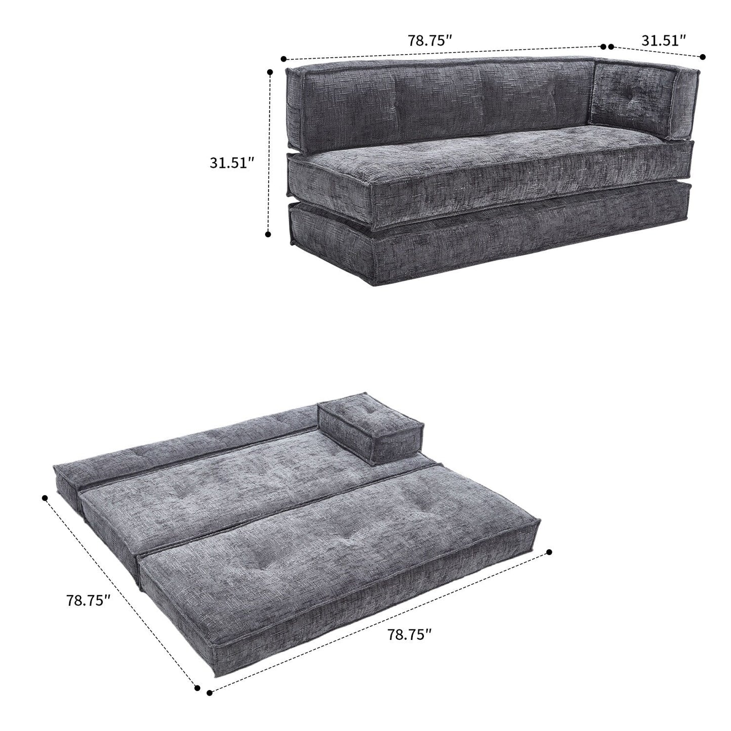 Modern style frameless sofa with storage side pockets and high resilience foam padding, chenille fabric