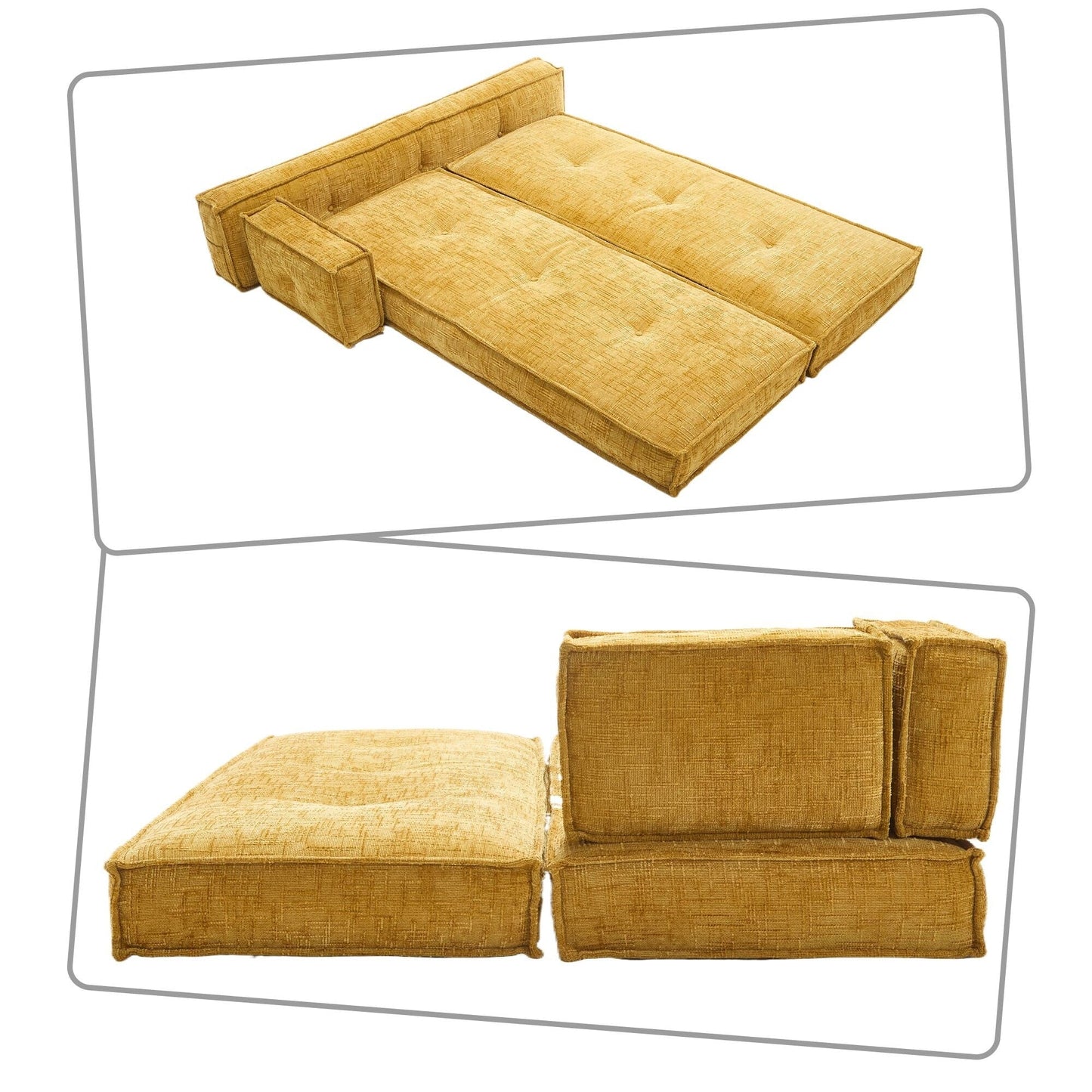 Modern style frameless sofa with storage side pockets and high resilience foam padding, chenille fabric