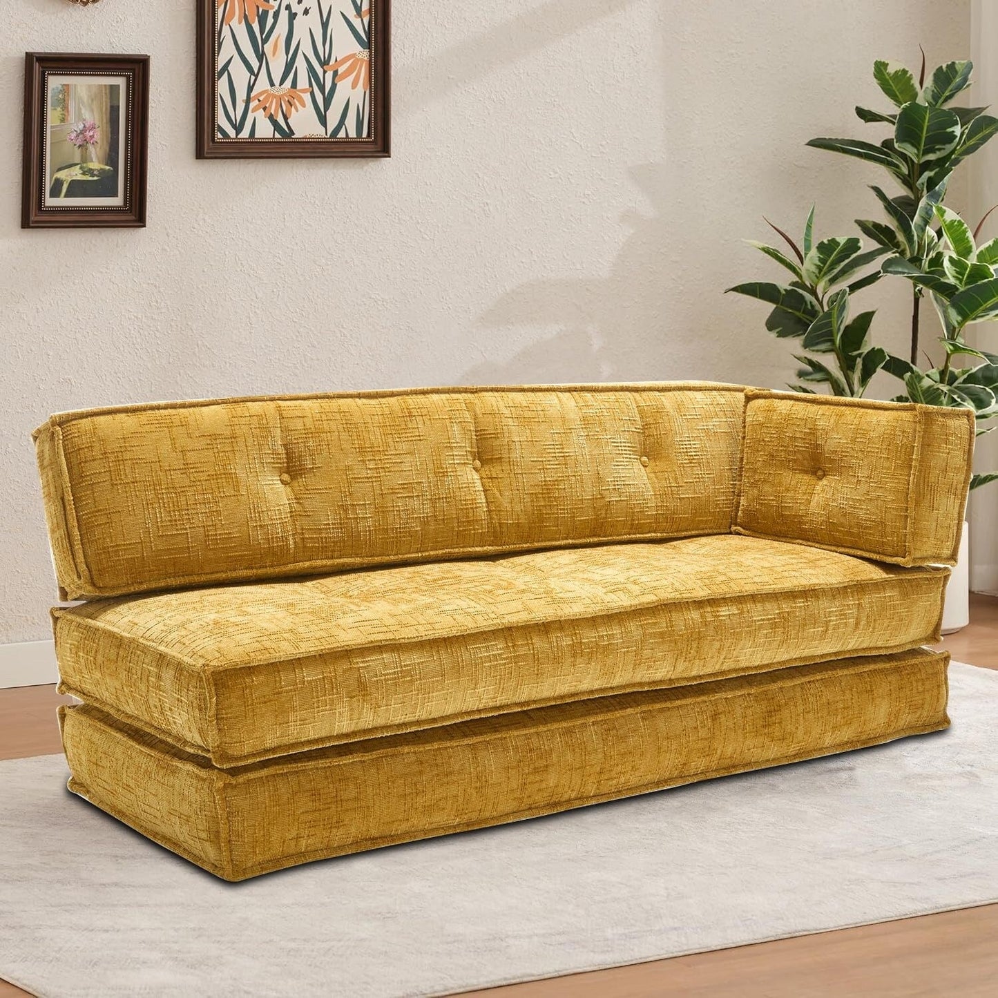 Modern style frameless sofa with storage side pockets and high resilience foam padding, chenille fabric