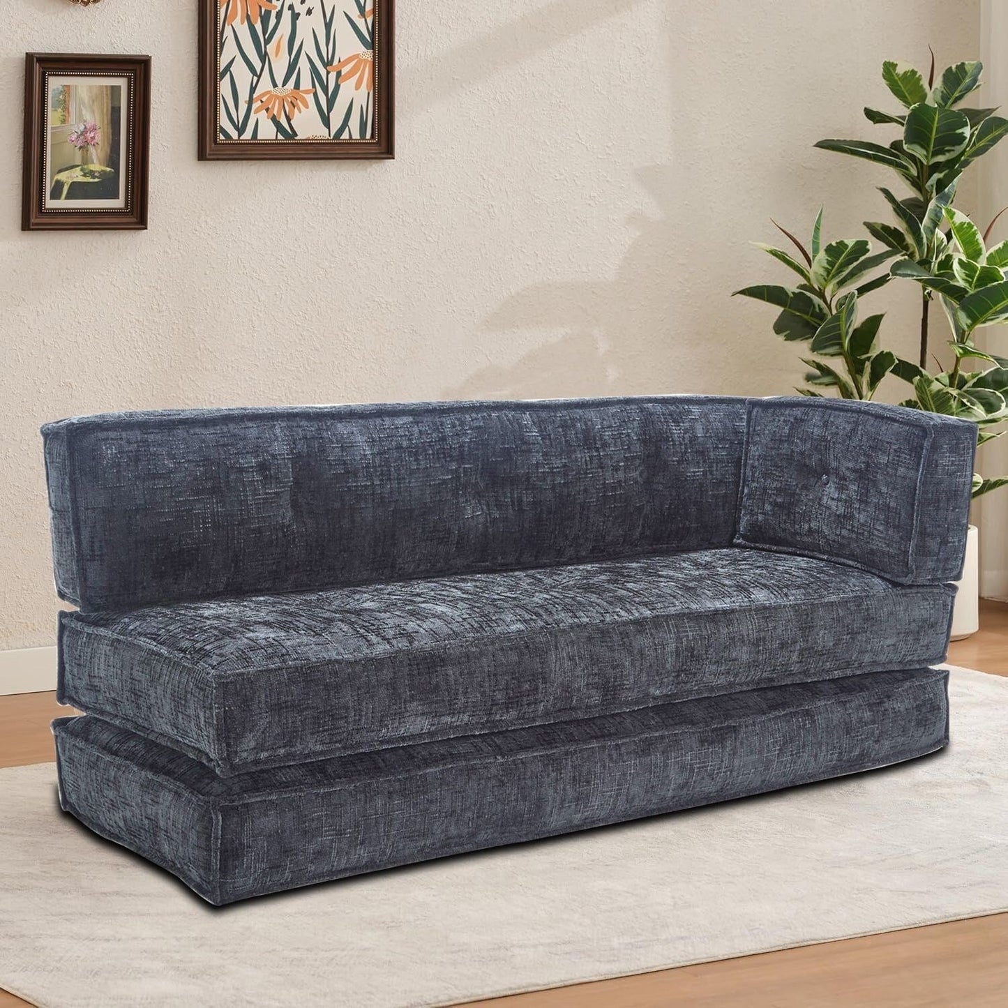 Modern style frameless sofa with storage side pockets and high resilience foam padding, chenille fabric