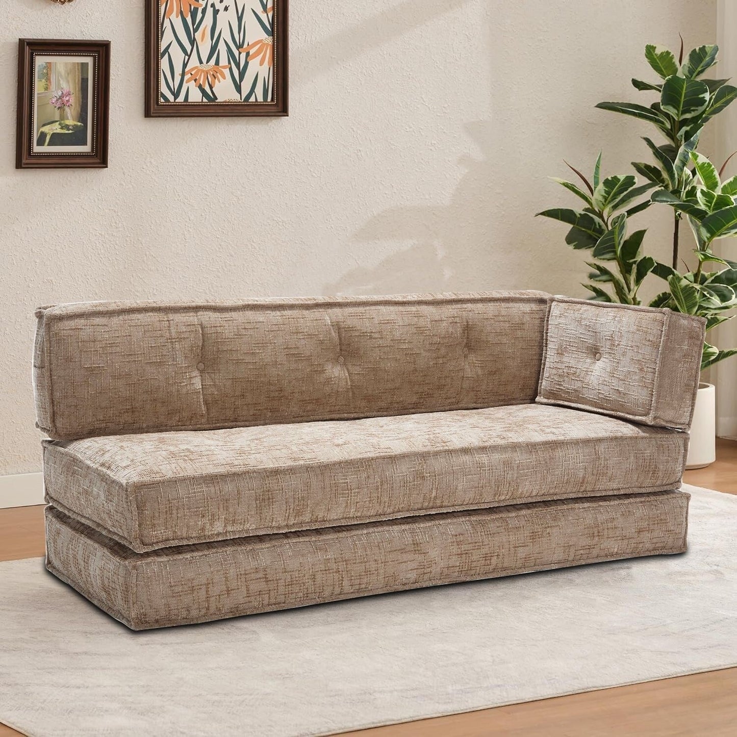 Modern style frameless sofa with storage side pockets and high resilience foam padding, chenille fabric