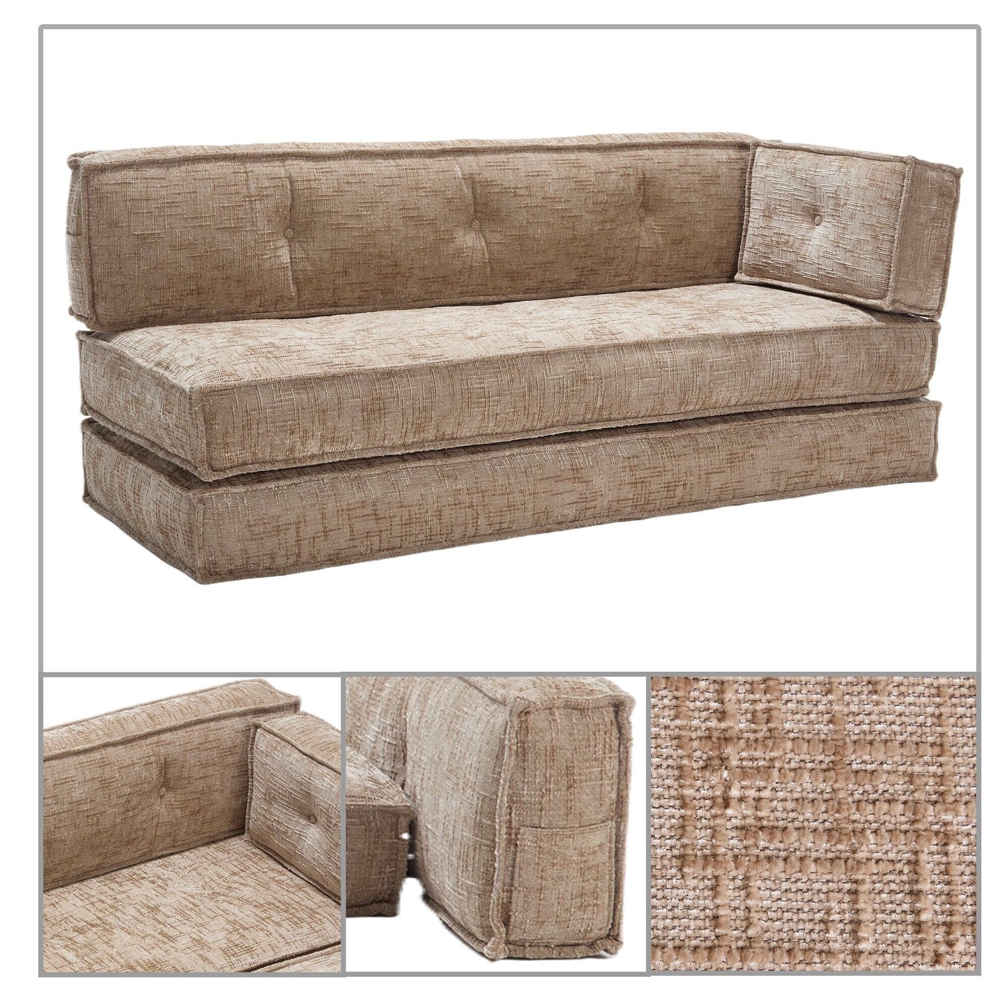 Modern style frameless sofa with storage side pockets and high resilience foam padding, chenille fabric
