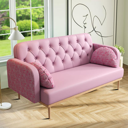 Modern style two-seater loveseat sofa with wooden legs and dumpling-shaped pillows, patterned armrests
