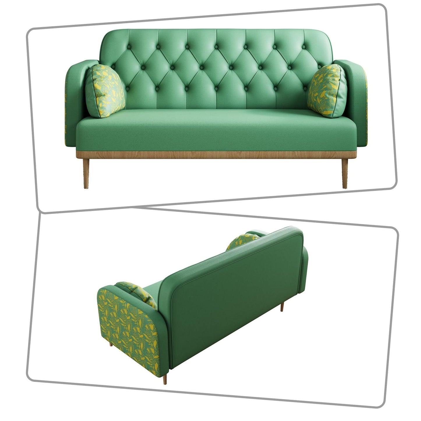 Modern style two-seater loveseat sofa with wooden legs and dumpling-shaped pillows, patterned armrests