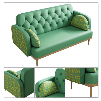 Modern style two-seater loveseat sofa with wooden legs and dumpling-shaped pillows, patterned armrests