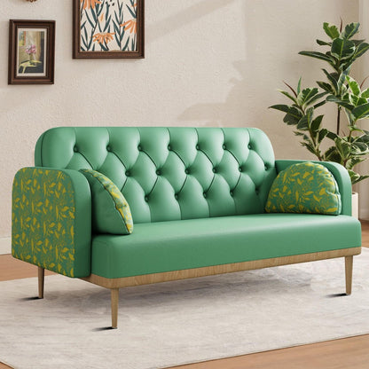 Modern style two-seater loveseat sofa with wooden legs and dumpling-shaped pillows, patterned armrests