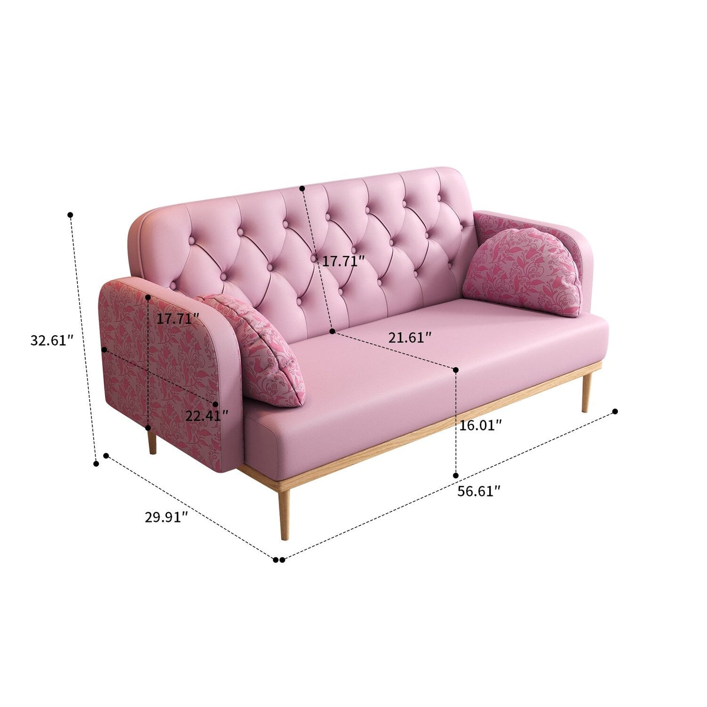 Modern style two-seater loveseat sofa with wooden legs and dumpling-shaped pillows, patterned armrests