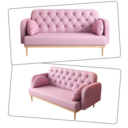 Modern style two-seater loveseat sofa with wooden legs and dumpling-shaped pillows, patterned armrests