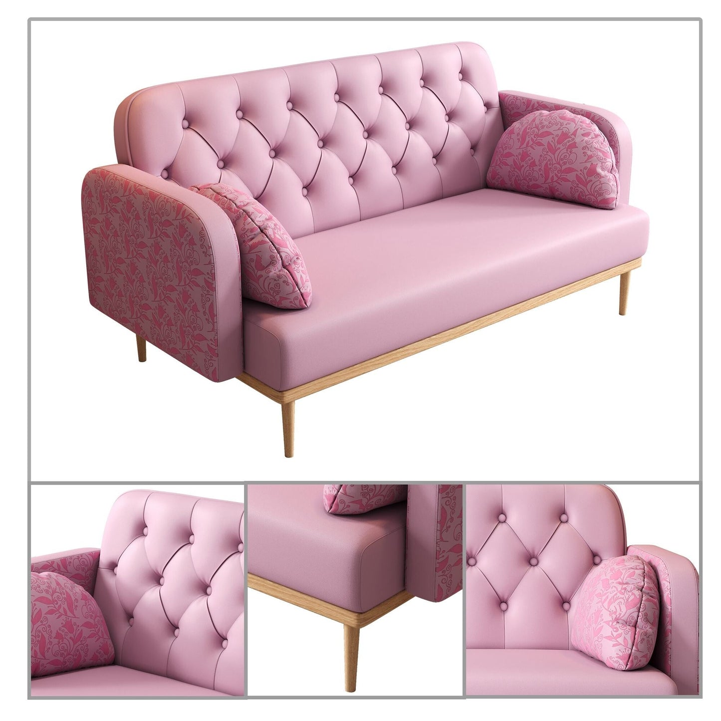 Modern style two-seater loveseat sofa with wooden legs and dumpling-shaped pillows, patterned armrests