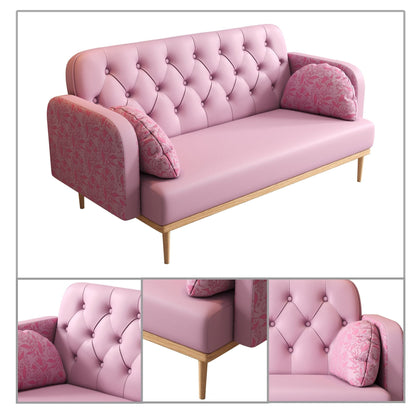 Modern style two-seater loveseat sofa with wooden legs and dumpling-shaped pillows, patterned armrests