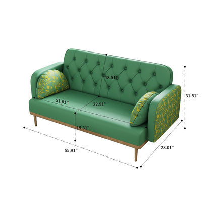 Modern style two-seater loveseat sofa with wooden legs and dumpling-shaped pillows, patterned armrests