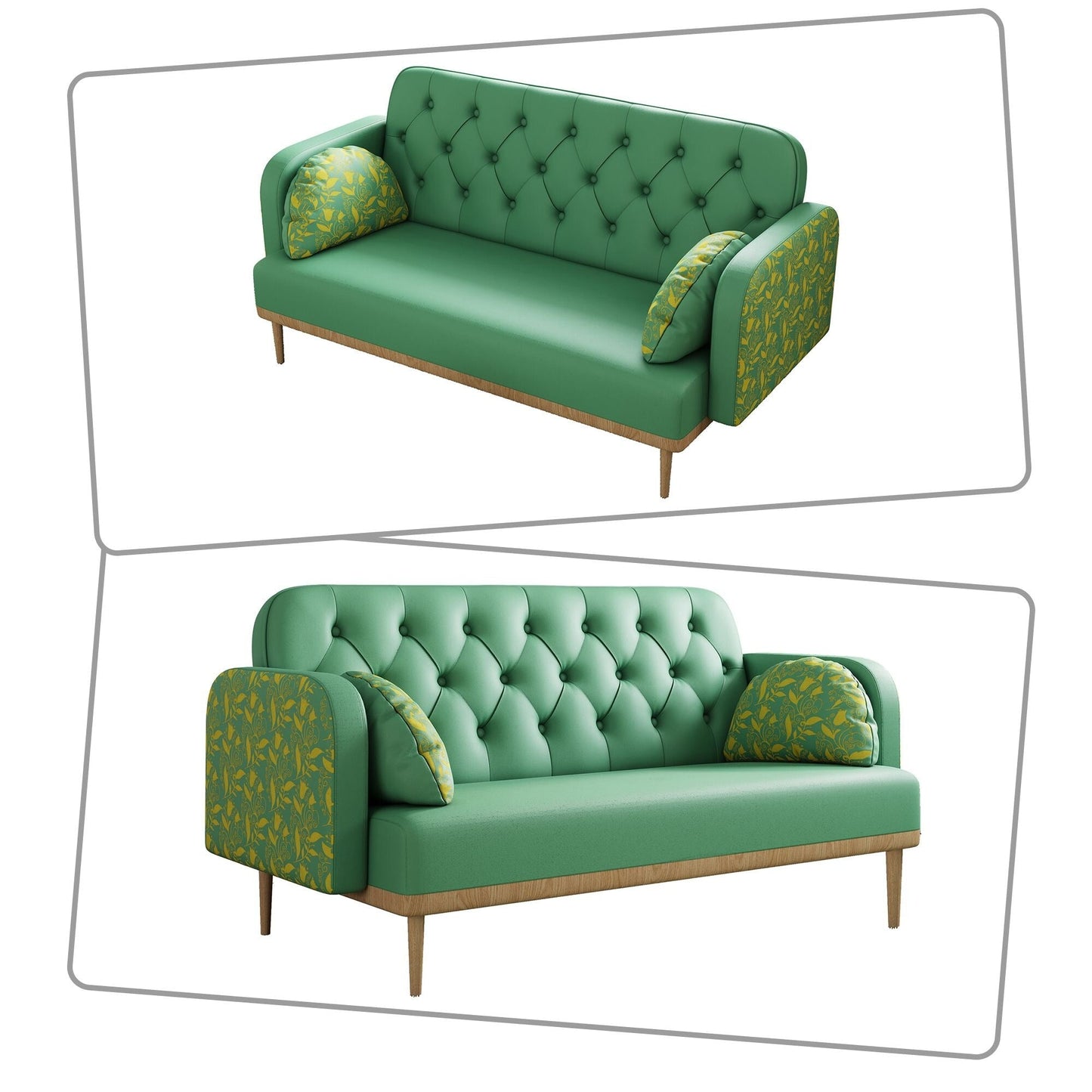 Modern style two-seater loveseat sofa with wooden legs and dumpling-shaped pillows, patterned armrests