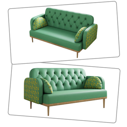 Modern style two-seater loveseat sofa with wooden legs and dumpling-shaped pillows, patterned armrests